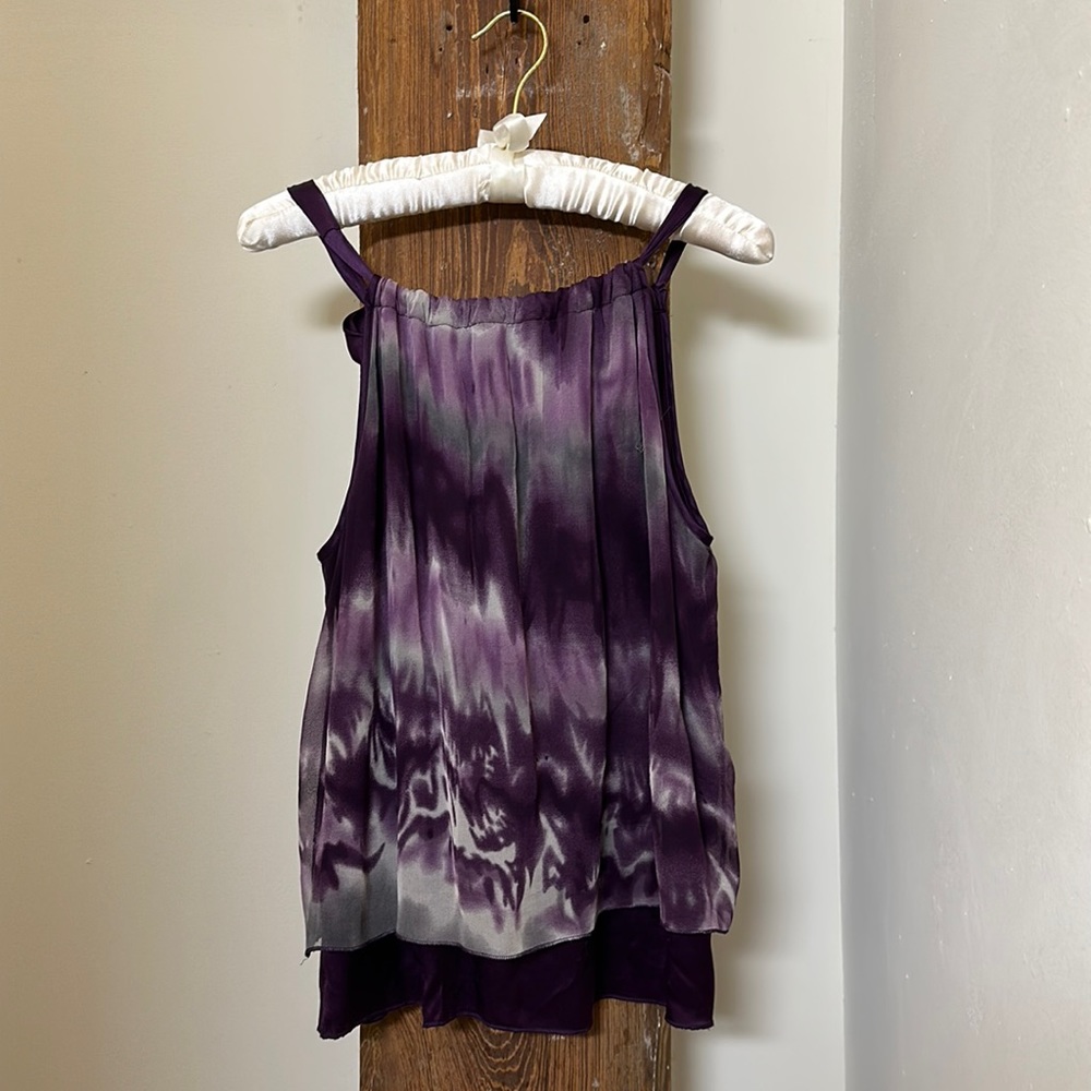 KENAR purple and grey halter. Classy tie dye vibe with a satin bow.